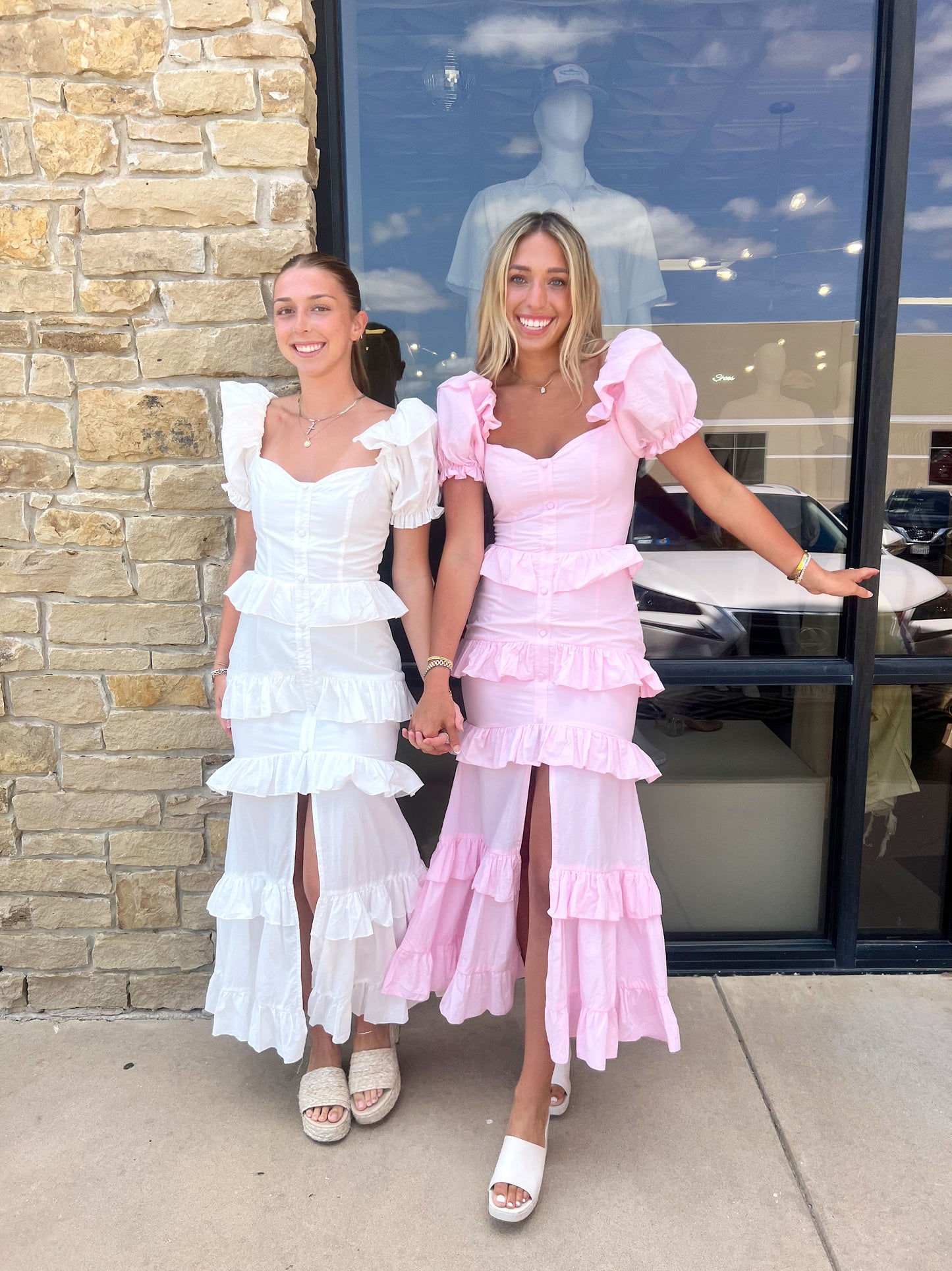 LIGHT PINK FRONT BUTTON TIERED MAXI DRESS