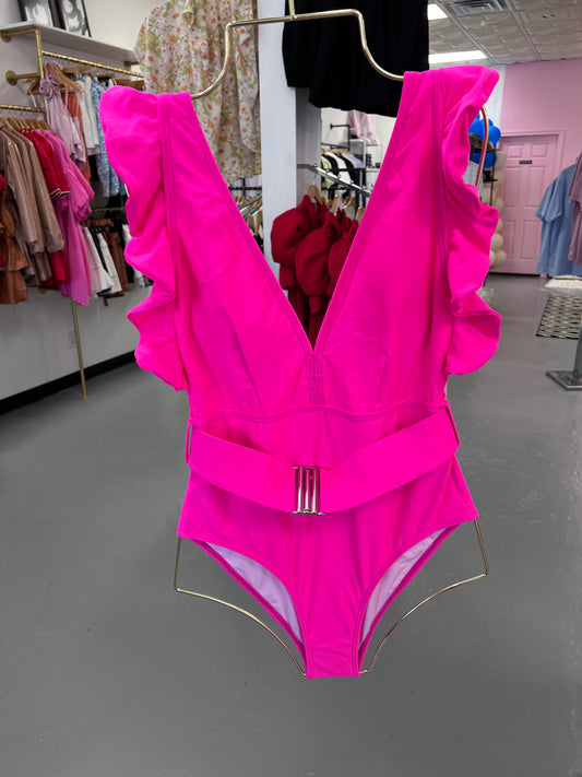 HOT PINK V NECK RUFFLE SWIMSUIT - (large left)