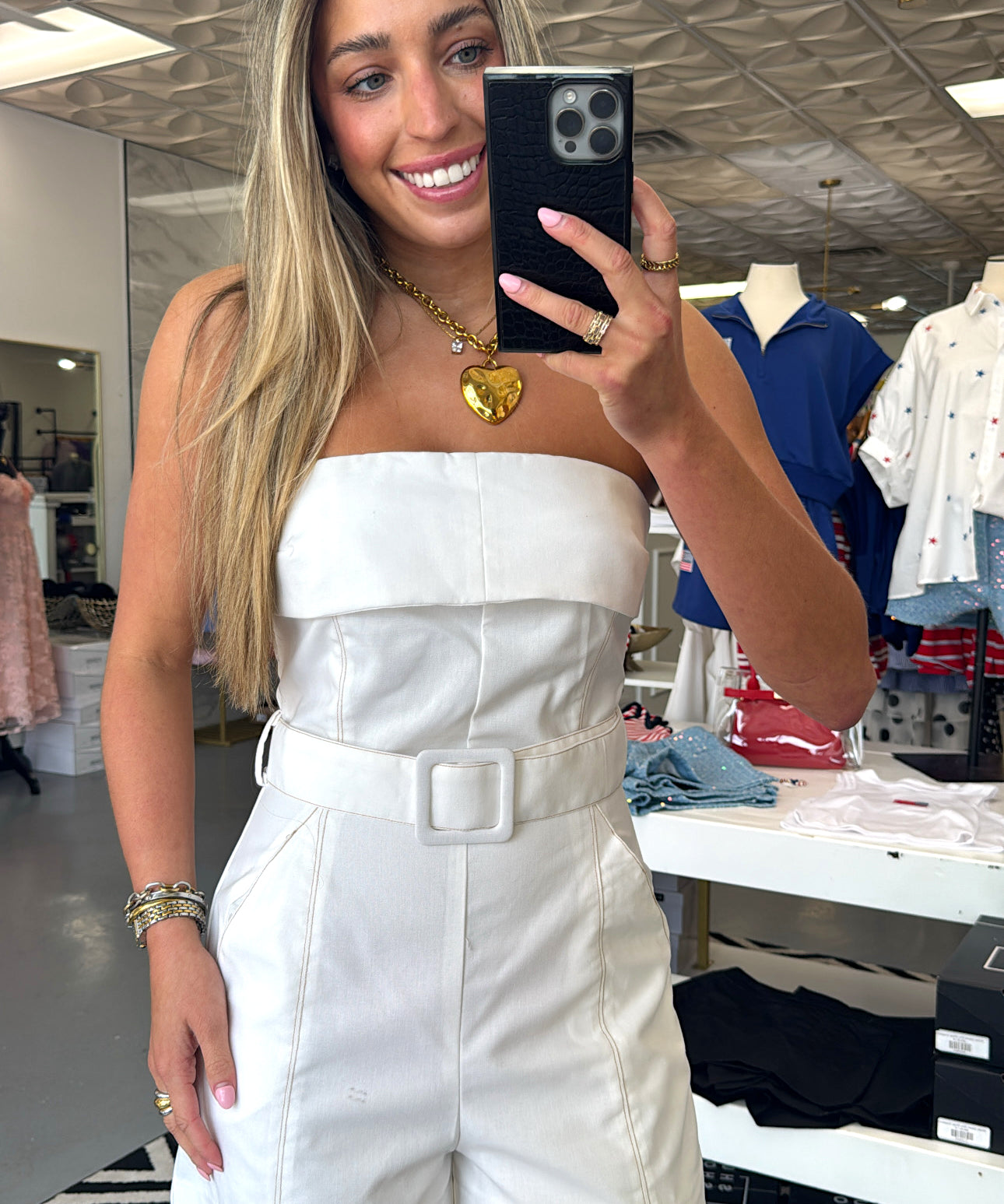 WHITE STRAPLESS BELTED ROMPER