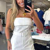WHITE STRAPLESS BELTED ROMPER