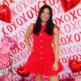 RED BUBBLE HEM BUTTONED MINI DRESS