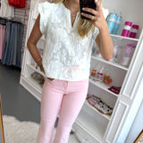 WHITE JACQUARD RUFFLE TOP