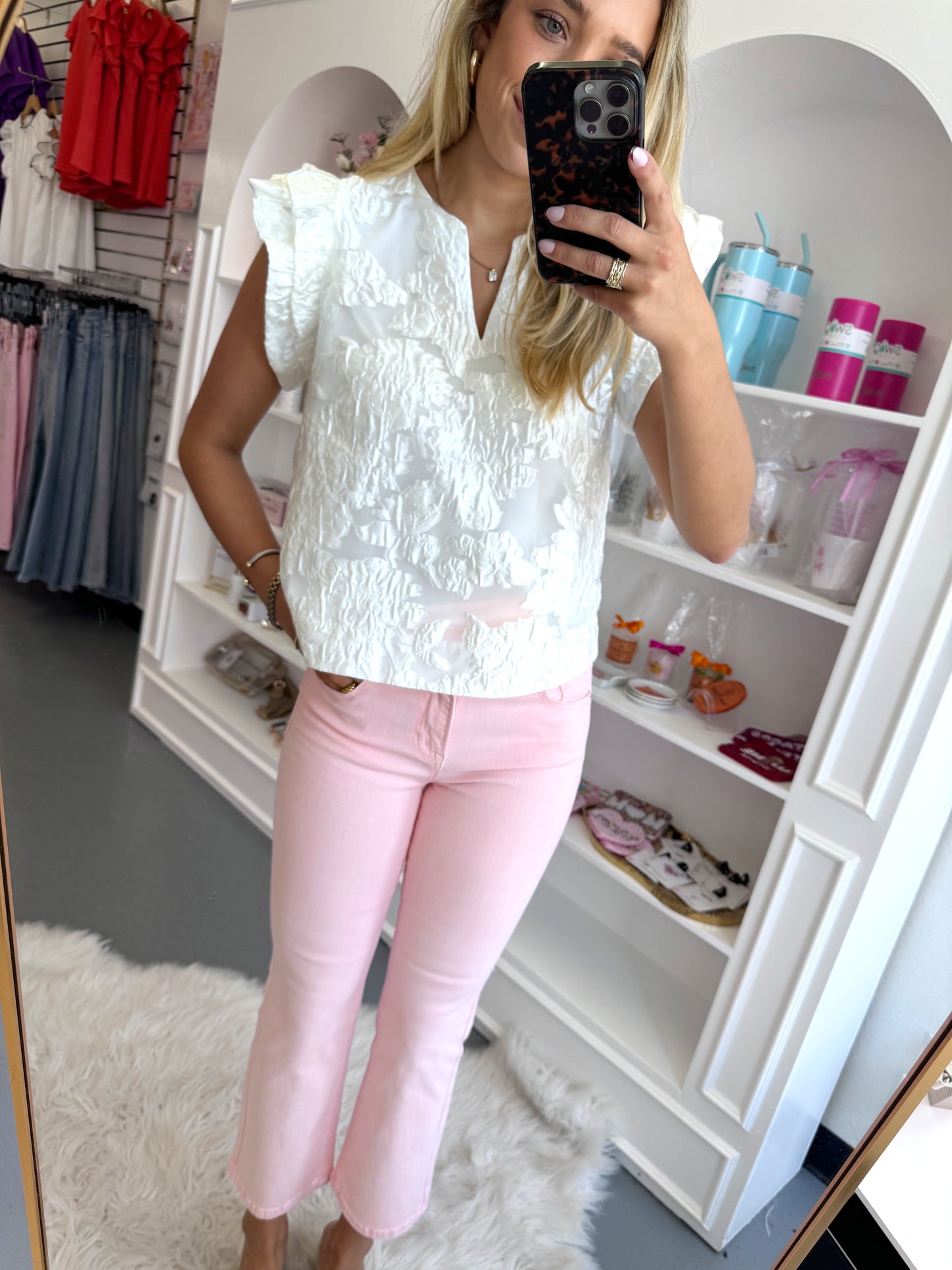 WHITE JACQUARD RUFFLE TOP