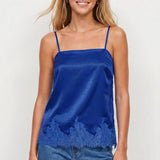 Square Neck Lace Trim Satin Cami: Black / M