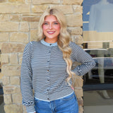 NAVY STRIPE SLEEVE BUTTON DOWN CARDIGAN