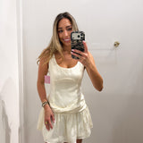 CREAM JACQUARD TIE MINI DRESS