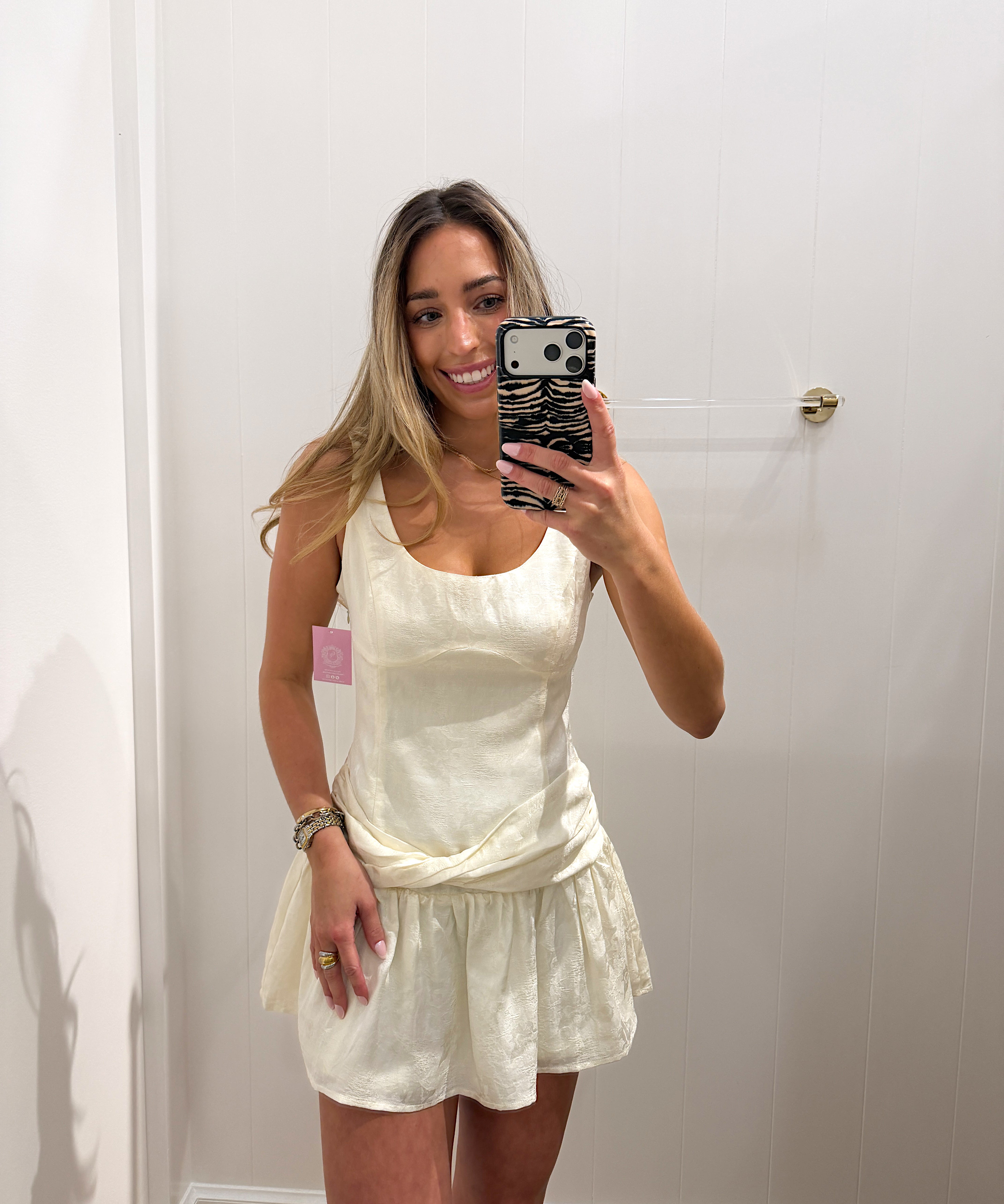 CREAM JACQUARD TIE MINI DRESS