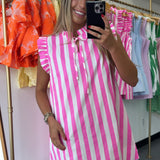 PINK STRIPED RUFFLE V NECK DRESS
