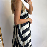 BLACK + CREAM SATIN STRIPED MIDI DRESS (size large left)