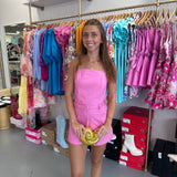 PINK STRAPLESS BELTED ROMPER