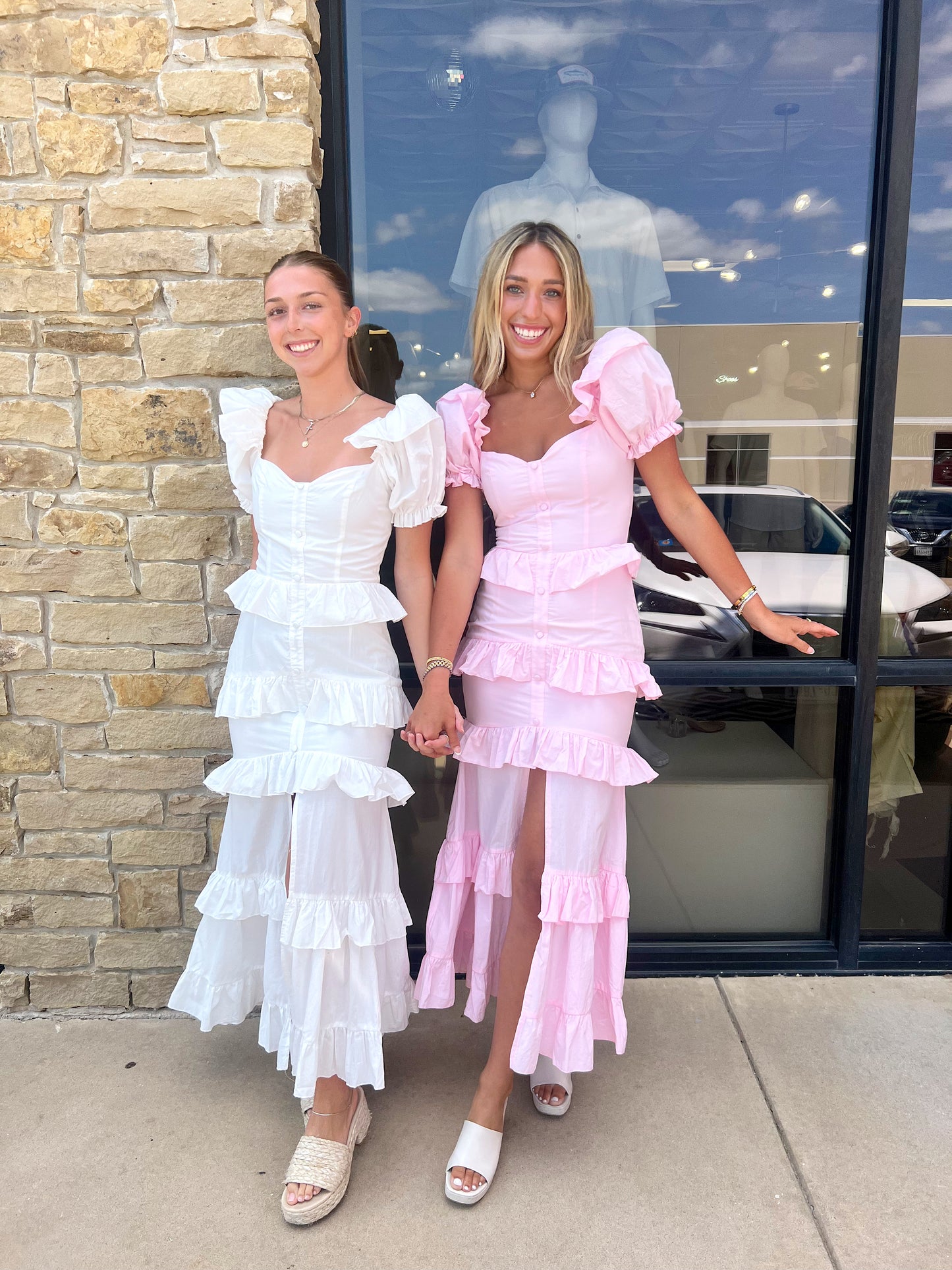 LIGHT PINK FRONT BUTTON TIERED MAXI DRESS