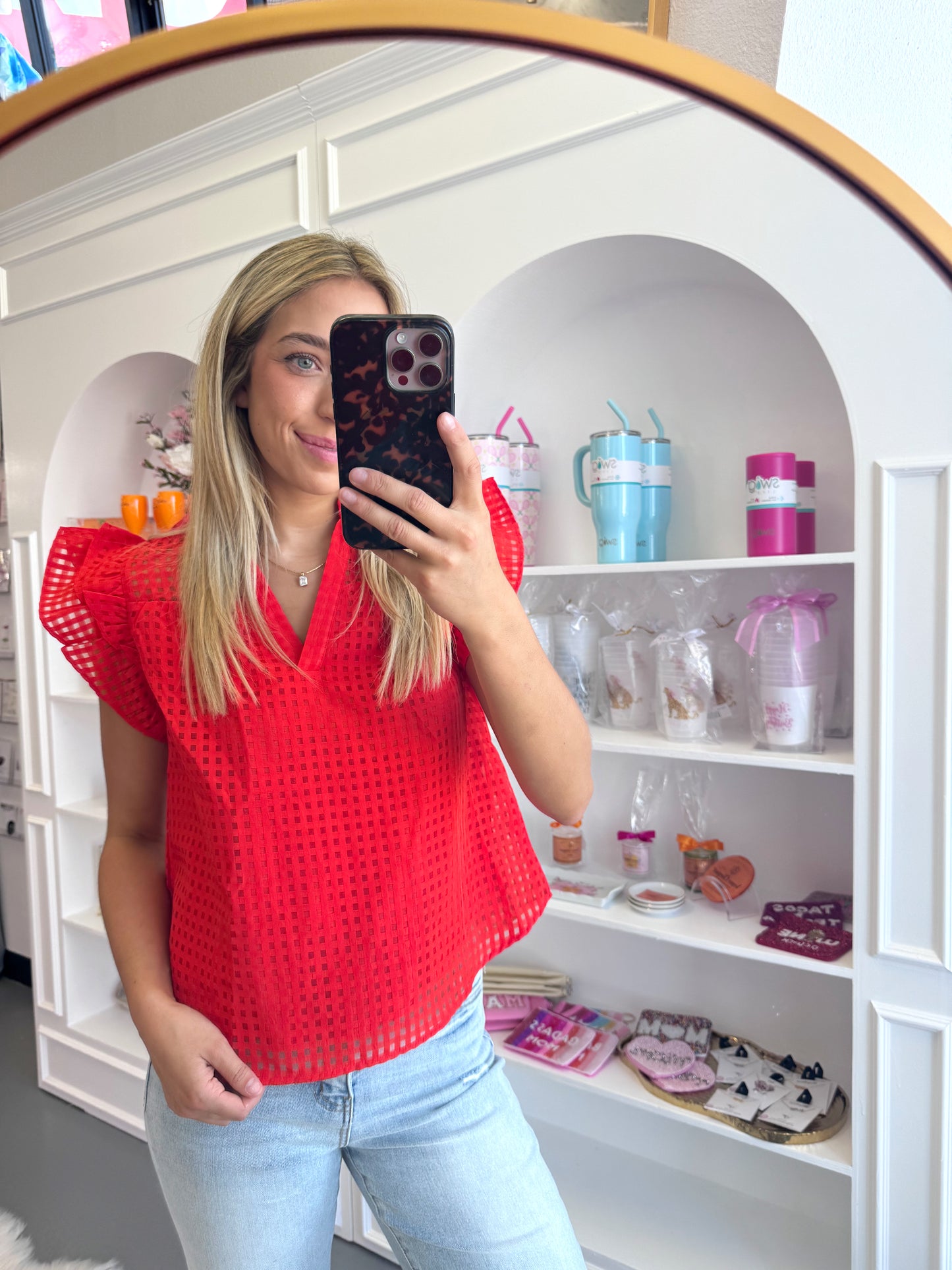 RED RUFFLE CHECKERED TOP