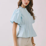 BLUE RUFFLE MOCK NECK BUTTON TOP