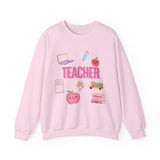 Teacher Icons Crewneck Sweatshirt — Cute Pink School Graphics