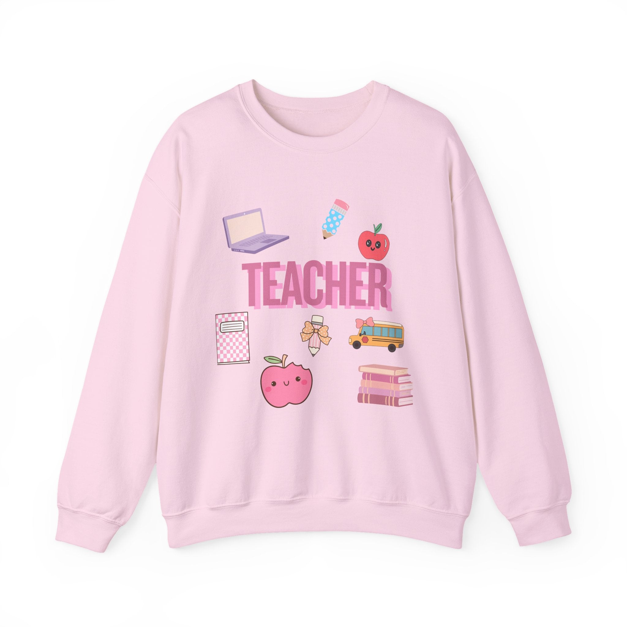 Teacher Icons Crewneck Sweatshirt — Cute Pink School Graphics