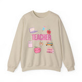Teacher Icons Crewneck Sweatshirt — Cute Pink School Graphics
