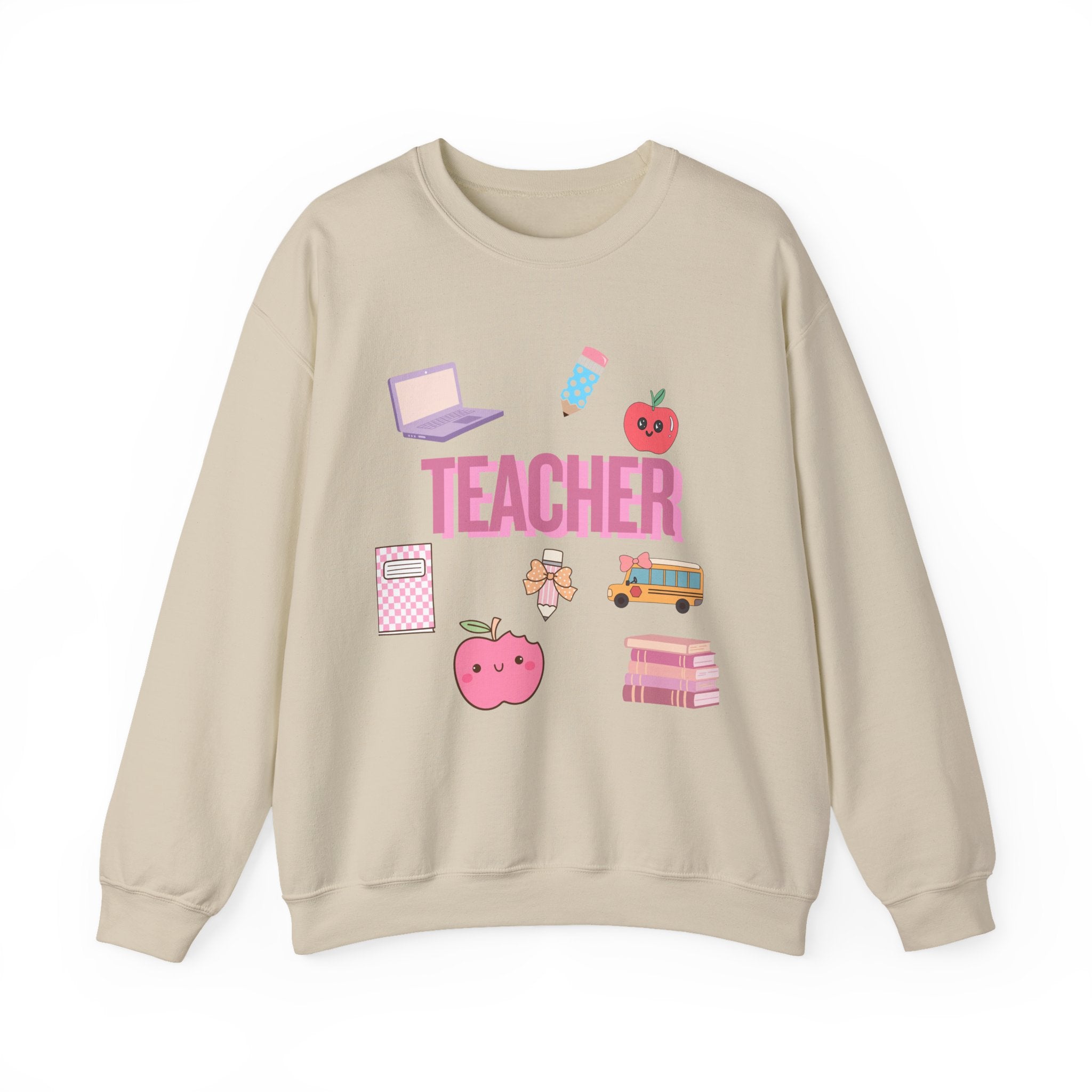 Teacher Icons Crewneck Sweatshirt — Cute Pink School Graphics