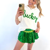 GREEN COLOR BLOCK SEQUIN SKORT