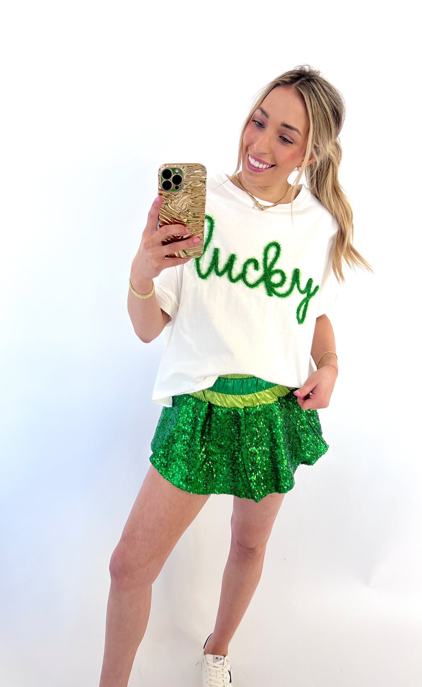 GREEN COLOR BLOCK SEQUIN SKORT