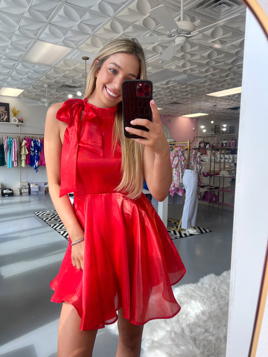 RED HALTER SHINY DRESS