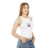USA Flag Racer Tank Top — Patriotic Women's Cropped Micro Rib Tank for 4th of July & Summer