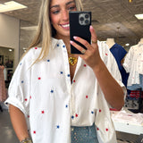 WHITE MULTI COLOR STAR EMBROIDERED OVERSIZED TOP