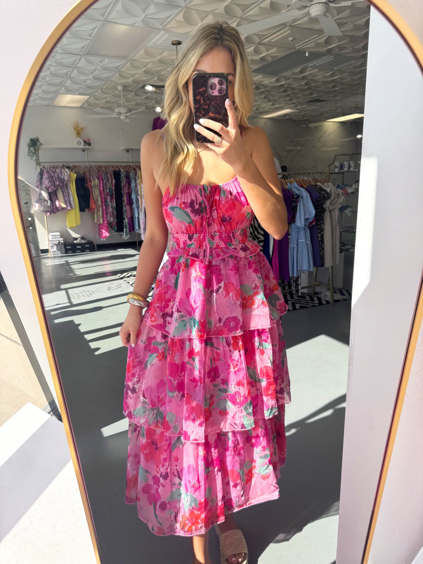 PINK MULTI FLORAL MIDI TIE DRESS