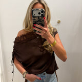 BROWN DRAPED OFF THE SHOULDER LACE TRIM BLOUSE