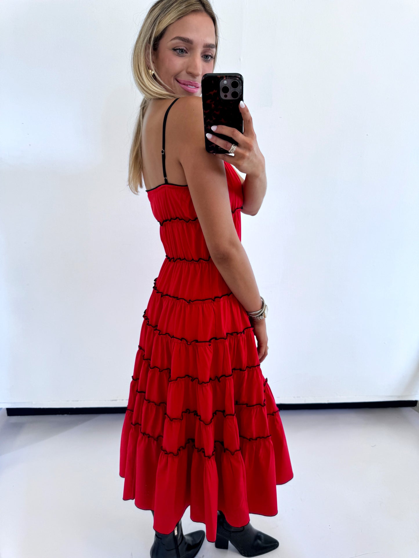 RED/ BLACK RUFFLED TIERED DRESS