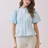 BLUE RUFFLE MOCK NECK BUTTON TOP