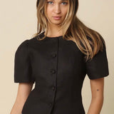 BLACK BUTTON PUFF SLEEVE TOP