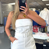 WHITE STRAPLESS BELTED ROMPER
