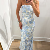 BLUE FLORAL SATIN STRAPLESS MAXI DRESS