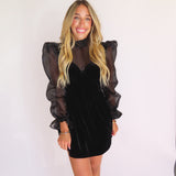 BLACK VELVET PUFF SLEEVE MINI DRESS