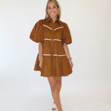 CAMEL BELTED POPLIN TIERED DRESS