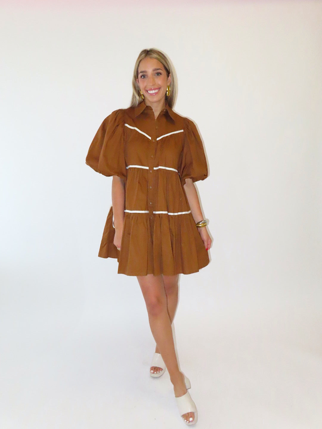 CAMEL BELTED POPLIN TIERED DRESS