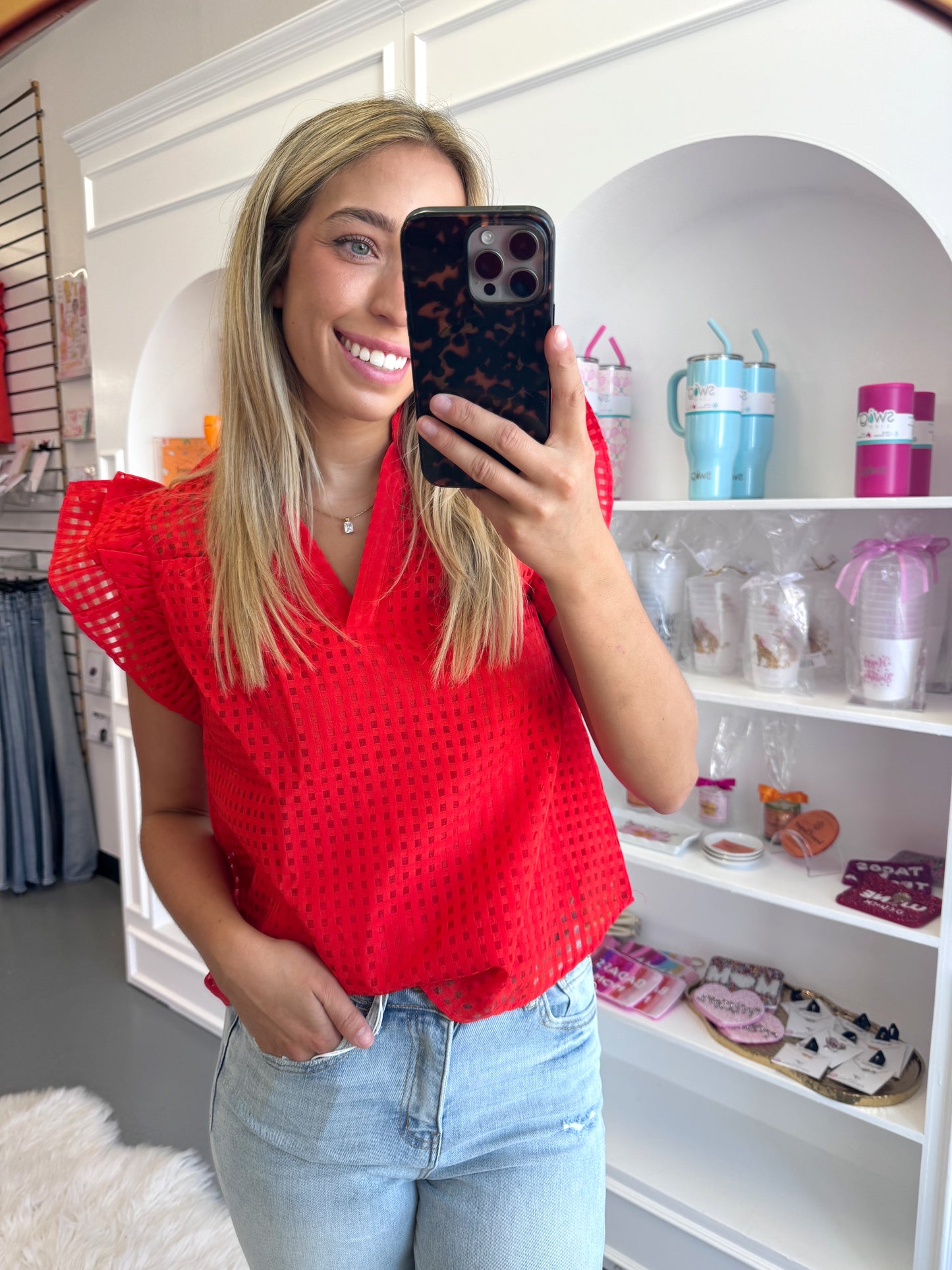 RED RUFFLE CHECKERED TOP