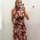 LBK WINE TIERED MAXI FLORAL DRESS