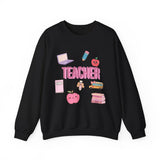 Teacher Icons Crewneck Sweatshirt — Cute Pink School Graphics