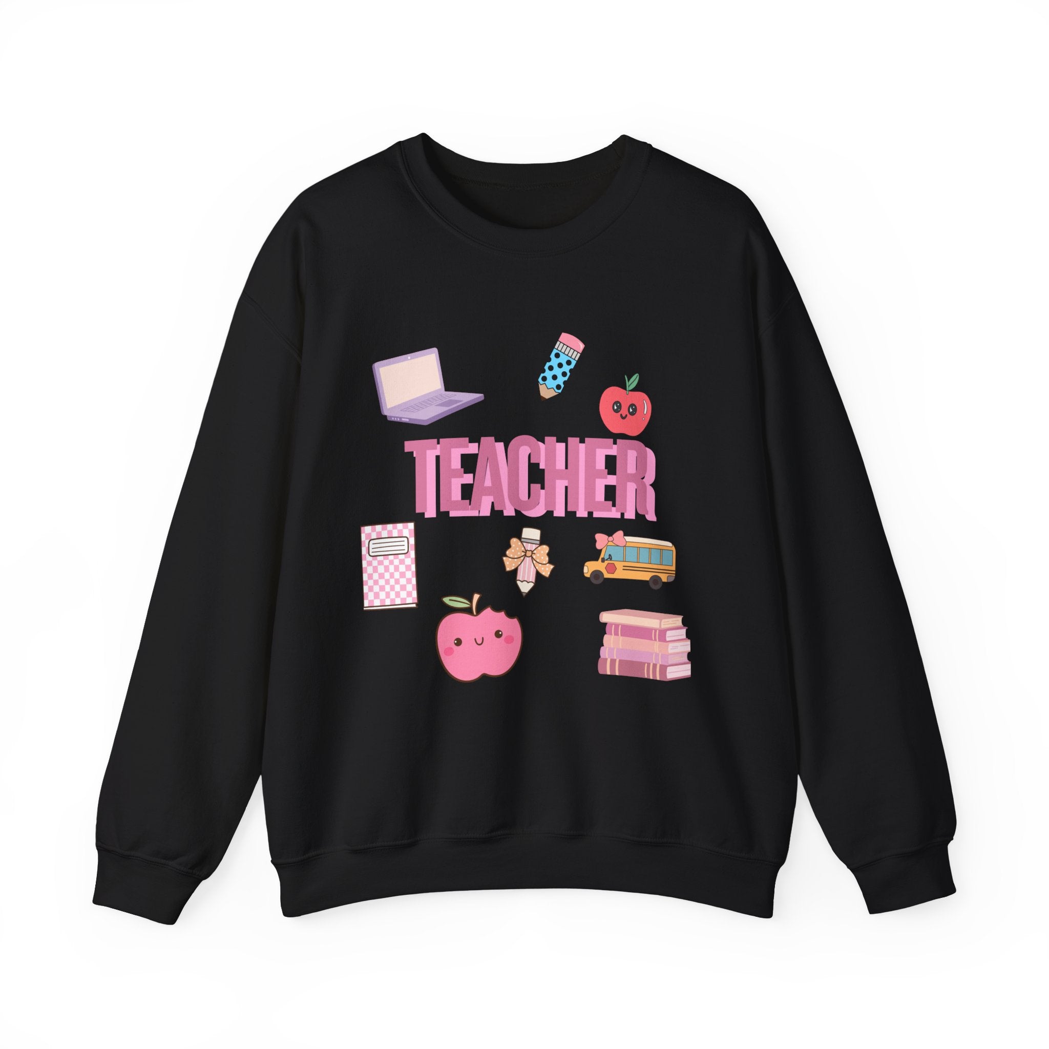 Teacher Icons Crewneck Sweatshirt — Cute Pink School Graphics