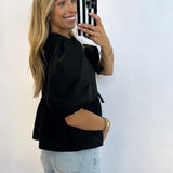 BLACK POPLIN FRONT TIE BLOUSE