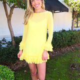 YELLOW SHEER RUFFLE DETAIL LONG SLEEVE DRESS