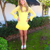 YELLOW SHEER RUFFLE DETAIL LONG SLEEVE DRESS