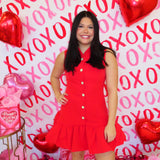 RED BUBBLE HEM BUTTONED MINI DRESS