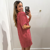 CRIMSON STRIPE FLOWY RUFFLE DRESS