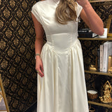 Cream Satin Boat Neckline Midi Dress