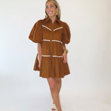 CAMEL BELTED POPLIN TIERED DRESS