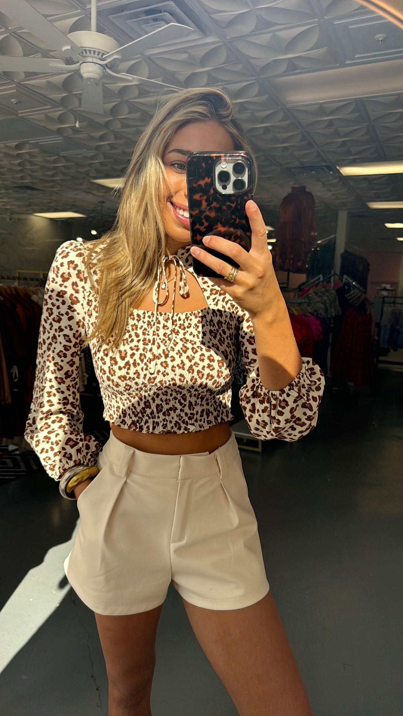 BEIGE ANIMAL PRINT CUTOUT TOP