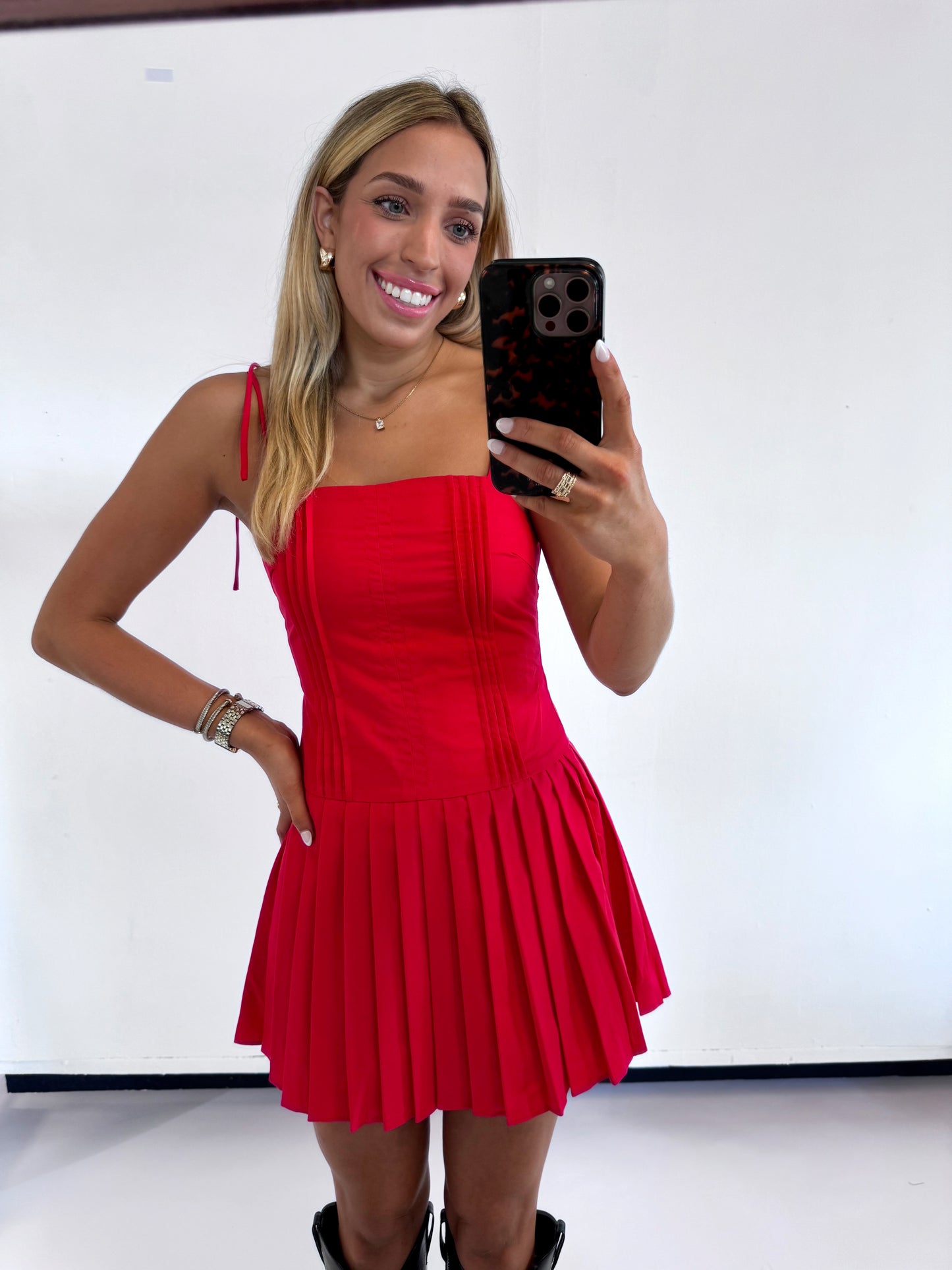 RED PLEATED DETAIL DRESS - (large left)