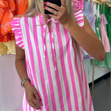 PINK STRIPED RUFFLE V NECK DRESS